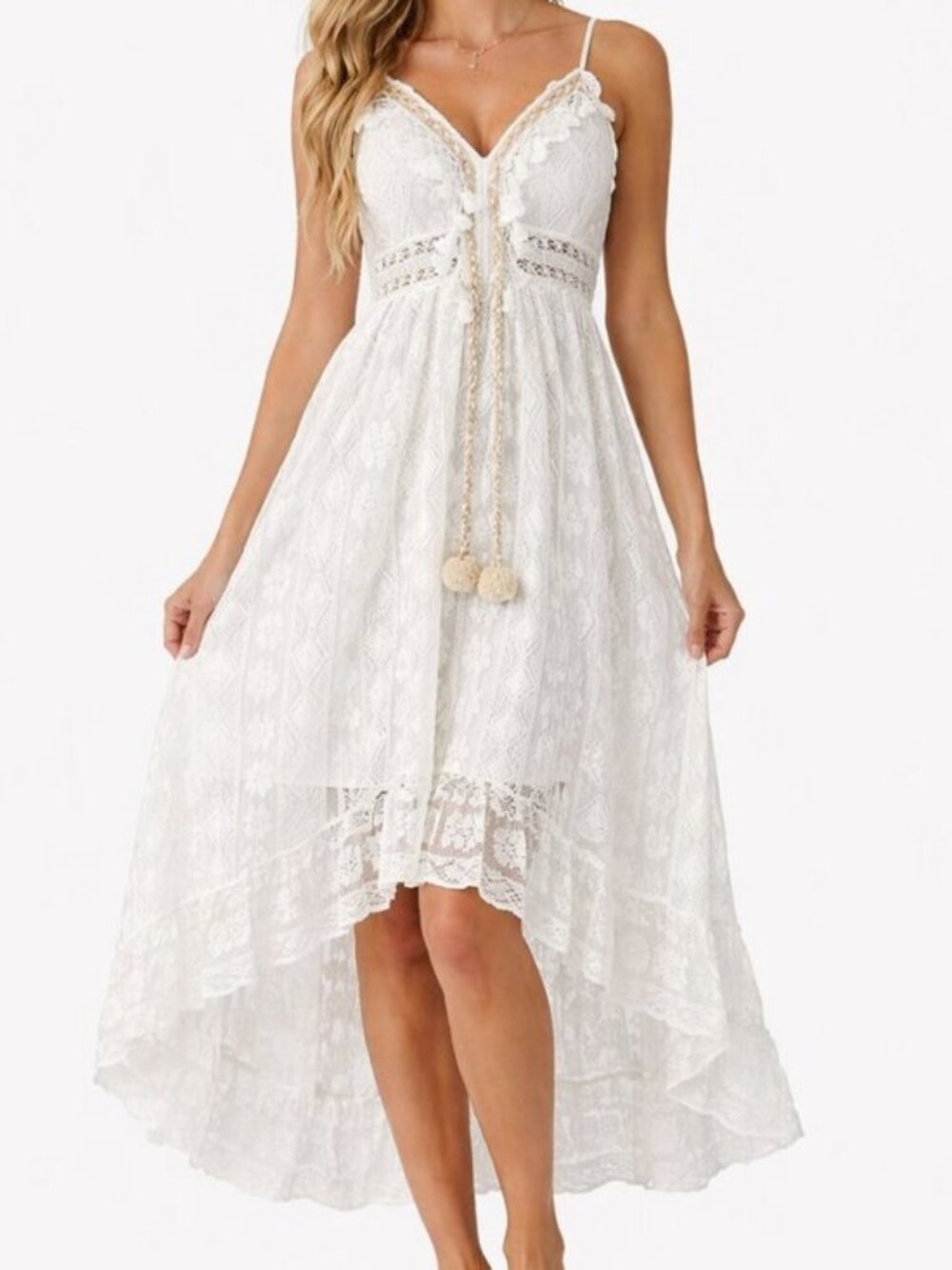 Pom Pom Tassel White Lace Maxi Dress